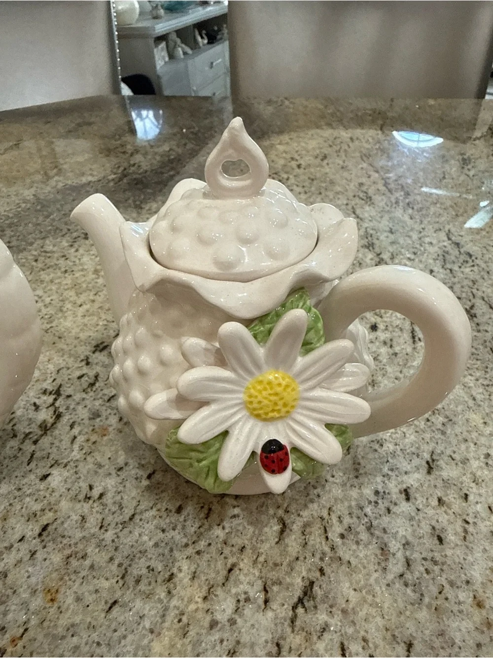 Vintage Daisy ladybug Tea set cottage core mini teapot salt pepper set decor
